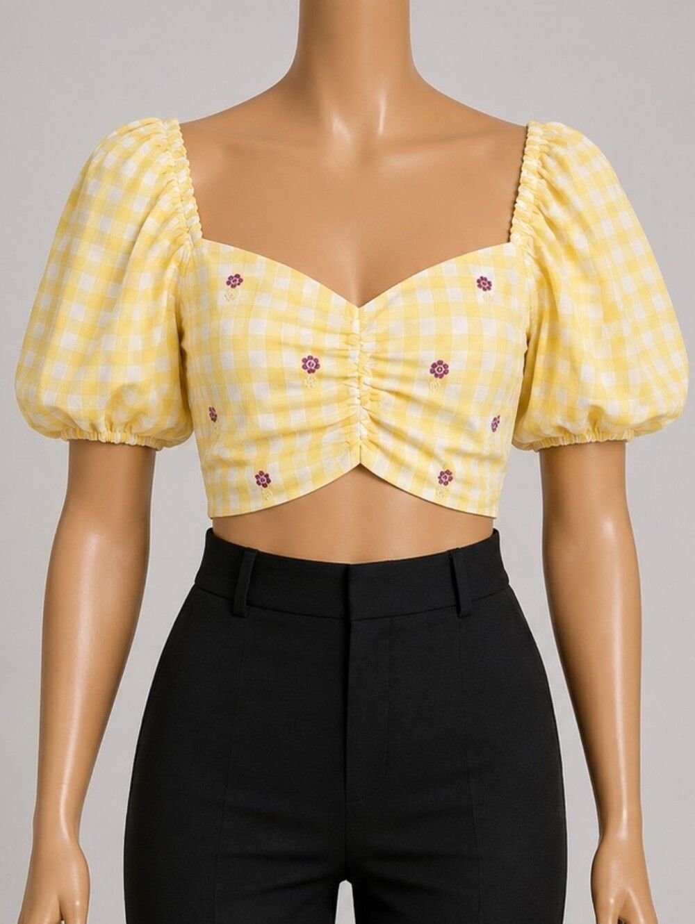 JJ's Fairyland Yellow Gingham Off Shoulder Puff Sleeve Embroidered Crop Top